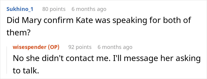 Reddit conversation about confirming communication between friends.