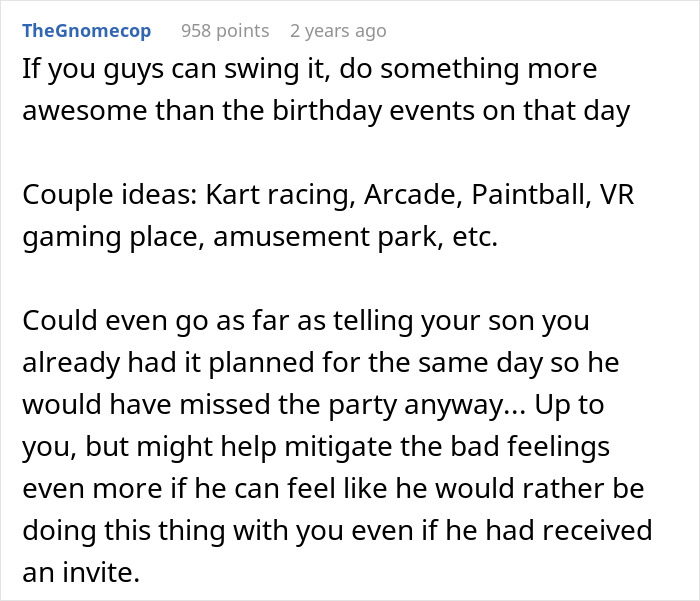 Text offering solutions after a child is excluded from a birthday party, suggesting alternative fun activities.