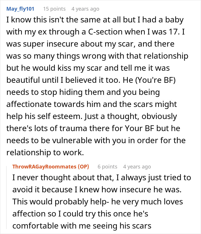 Discussion about burn scars and insecurities in a relationship, with advice on vulnerability for better self-esteem.