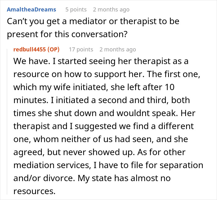 Online discussion about dad facing wife's mental illness challenges and seeking therapy options.