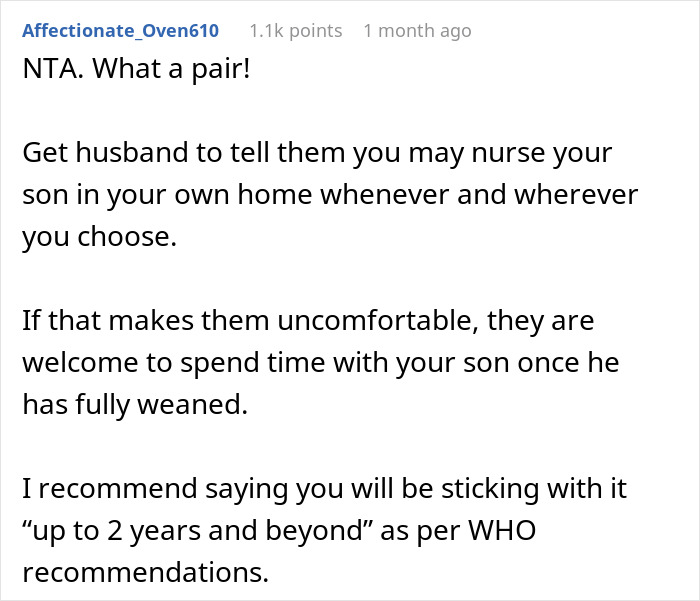 Reddit comment discussing breastfeeding choices and family boundaries. Reddit comment discussing breastfeeding choices and family boundaries.