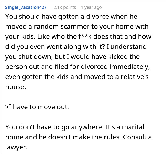 Reddit post discussing marital home rights and getting a divorce.