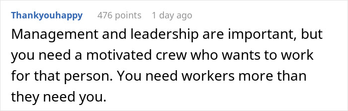 Reddit comment on management, highlighting the importance of motivated bank staff and balanced leadership roles.