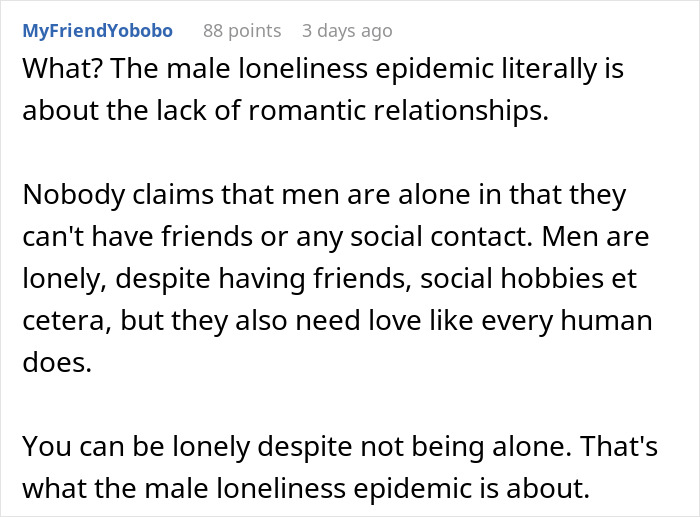 Comment discussing the male loneliness epidemic and romantic relationships.