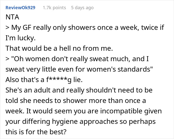Text exchange discussing a woman's hygiene and the need for more frequent showers. Text exchange discussing a woman's hygiene and the need for more frequent showers.