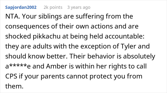 Comment discussing consequences and the option to involve CPS due to siblings' actions affecting a teen's hearing aids.