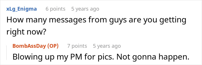 Reddit conversation about receiving messages, focusing on privacy and requests for pictures.