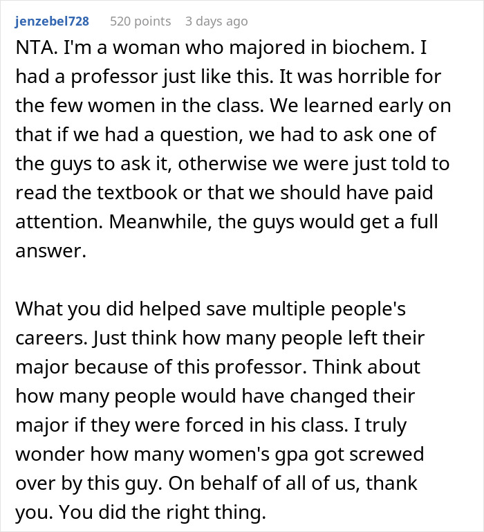 Text response about professor's sexist behavior affecting women's education and careers.