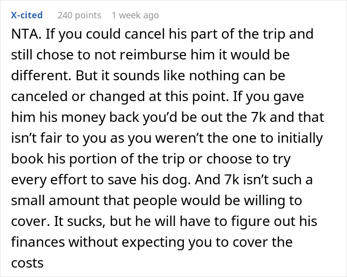 Comment discussing vacation reimbursement and a brother's dog's bill in a financial dilemma.