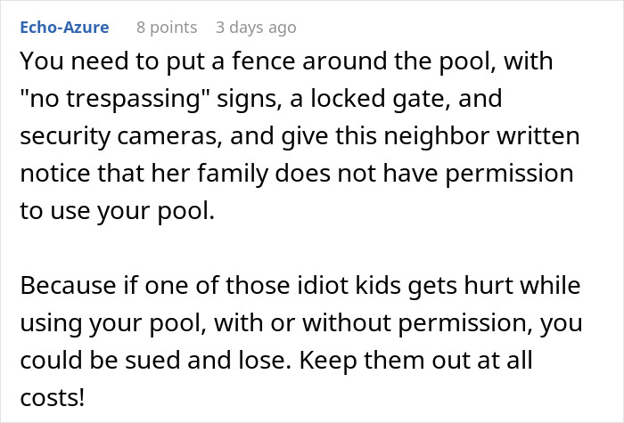 Text from a user advising a homeowner about securing their pool to prevent unauthorized access by neighbor's kids.