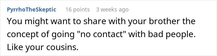 Comment discussing no contact advice, related to man getting women pregnant, shocks his sister.