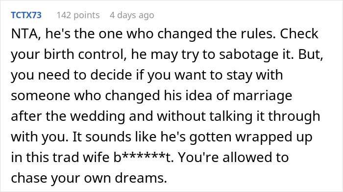 Reddit comment discussing refusing promotion for husband, emphasizing personal dreams and marriage dynamics.