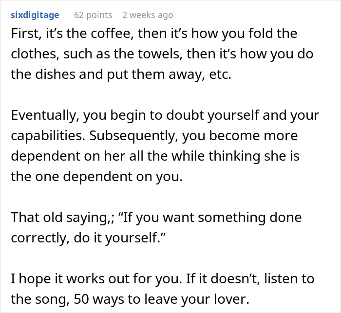 Text image discussing dependency and self-reliance in relationships, referencing coffee-making habits. Text image discussing dependency and self-reliance in relationships, referencing coffee-making habits.