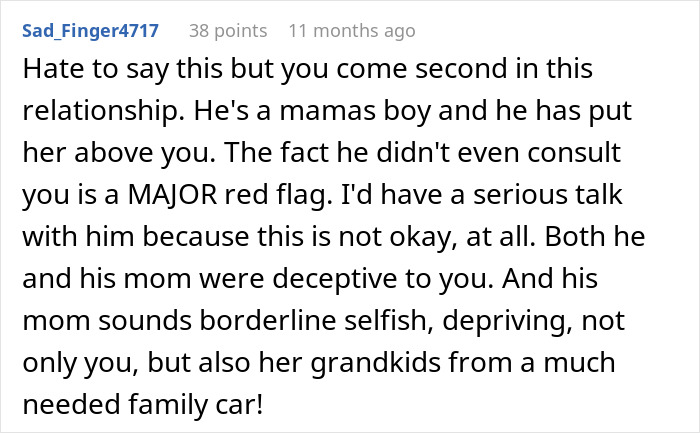 A Reddit comment criticizing a guy for secretly loaning $7.5K to his mom instead of buying a car for his wife.