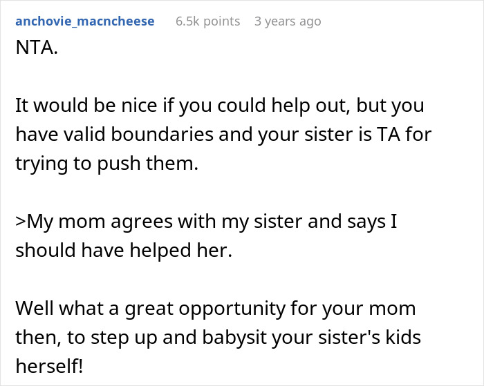 Reddit comment discussing boundaries in babysitting, emphasizing valid limits against sister's persistent requests.