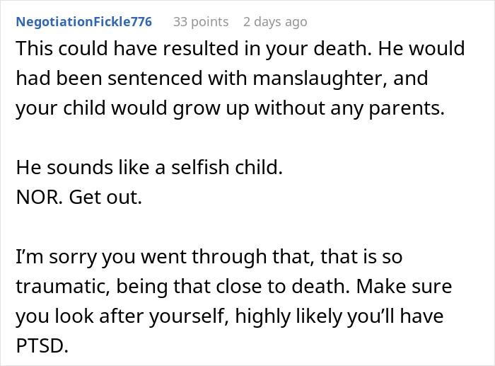Reddit comment discusses husband's prank leading to wife's near-death and possible PTSD, suggesting they leave him.
