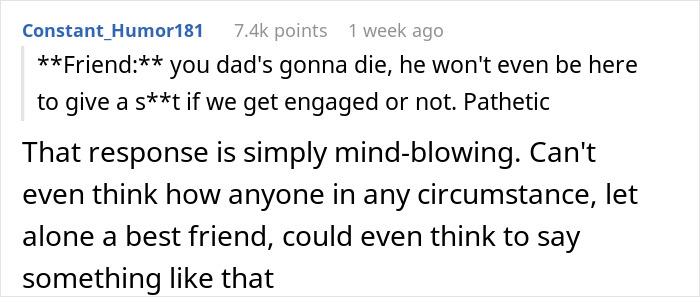 Text exchange between friends about engagement plans at a wedding, with one calling the other pathetic.