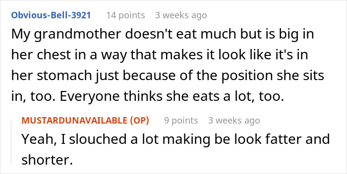 Reddit comments discussing fat-shaming and assumptions on eating habits. Reddit comments discussing fat-shaming and assumptions on eating habits.