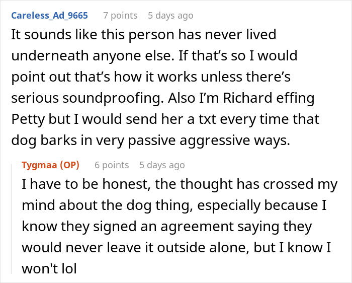 Reddit comments discussing neighbor noise complaints and passive-aggressive responses.