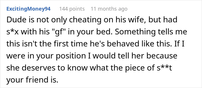 Comment highlighting cheating discovery in a friend's apartment, debating whether to reveal the affair.