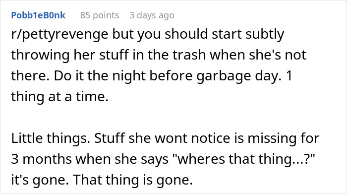 Screenshot of a comment discussing revenge by subtly discarding belongings, related to accusations of stealing.
