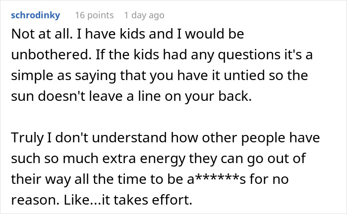 Comment discussion about untying bikini top at a public pool; user expressing understanding and confusion over others' reactions. Comment discussion about untying bikini top at a public pool; user expressing understanding and confusion over others' reactions.