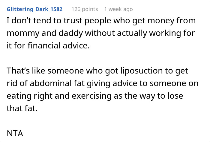 Comment criticizing someone with inheritance giving financial advice. Comment criticizing someone with inheritance giving financial advice.