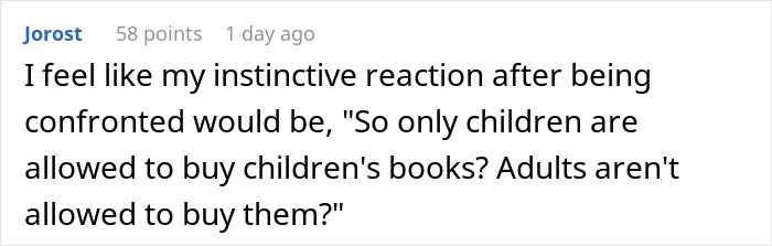 Comment questioning age restrictions on buying children's books in a store.