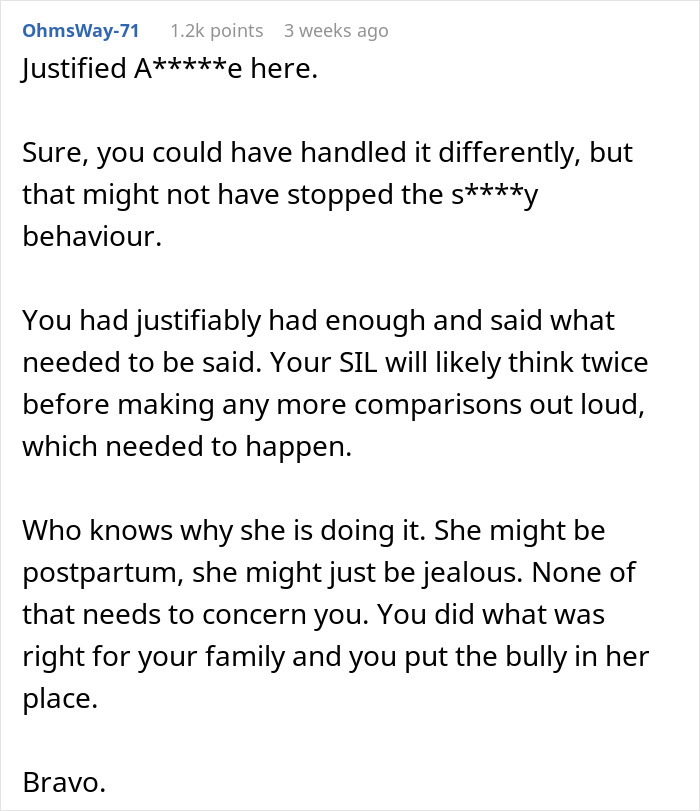 Reddit comment discussing justified actions regarding comparisons between babies.