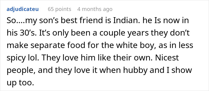 Text about someone's son's best friend being Indian and receiving homemade food gifts.