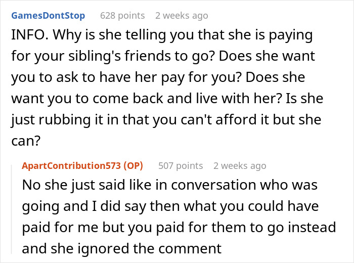 Reddit comments discussing family holiday invitation and financial matters.