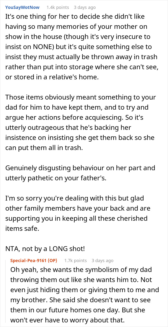 Reddit text exchange about a woman accused of stealing late mom's items from trash. Drama follows in the comments.