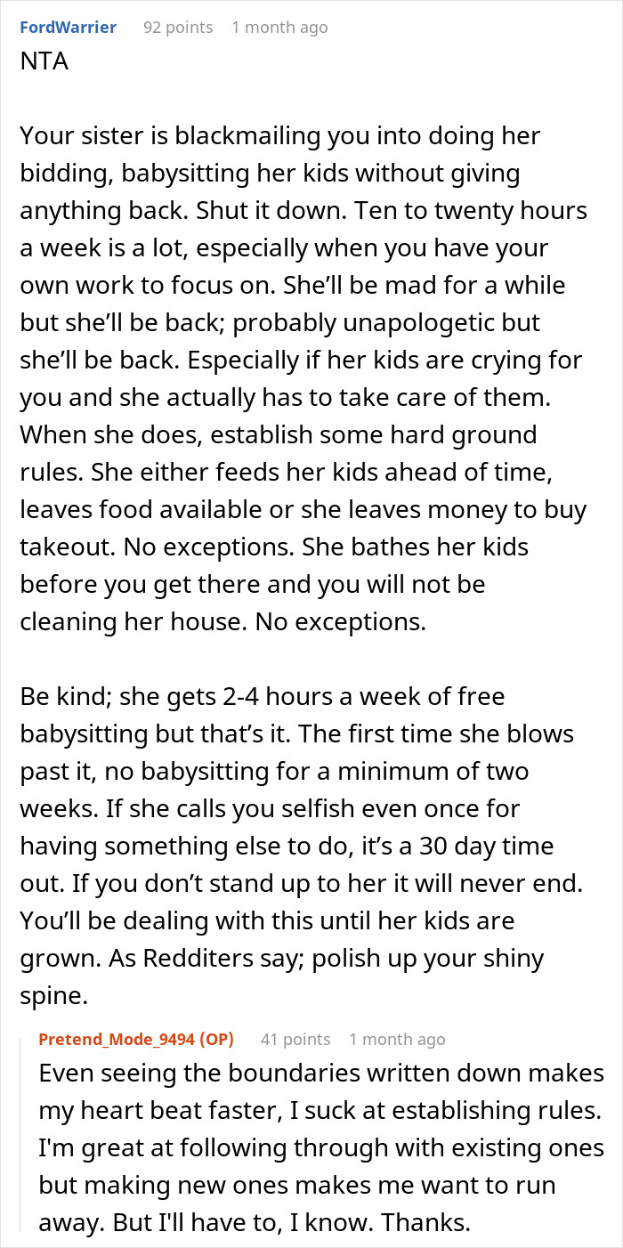 Screenshot of online discussion where a woman seeks advice on setting boundaries with her sister over unpaid babysitting.