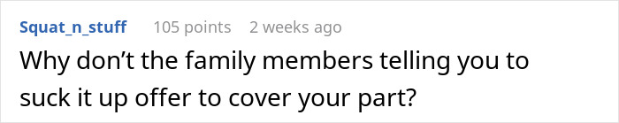 A Reddit comment questions family support regarding a $150 bridesmaid fee.