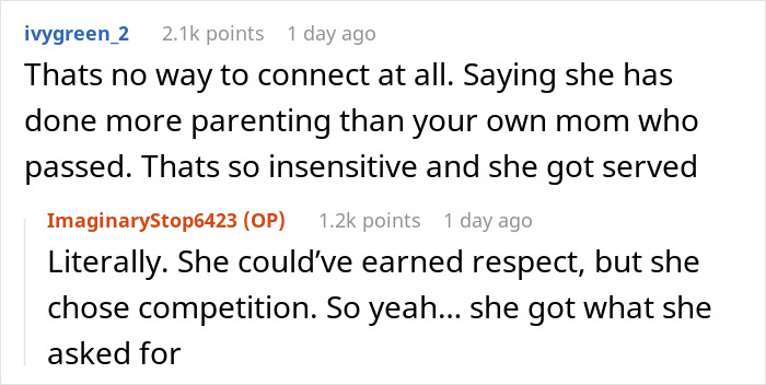 Comments discussing a step-mom's insensitivity toward a teen's late mom and receiving a harsh reality check.