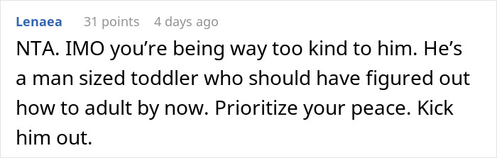Reddit comment criticizing a brother for immature behavior, suggesting prioritizing peace. Reddit comment criticizing a brother for immature behavior, suggesting prioritizing peace.