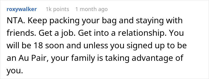 Reddit comment advising a teenager after escaping a babysitting nightmare, encouraging independence.