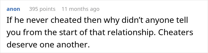 Reddit comment discussing relationship trust and cheating concerns.