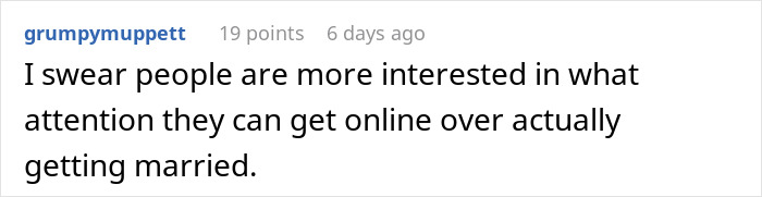 Online comment about people's focus on wedding attention over marriage. Online comment about people's focus on wedding attention over marriage.