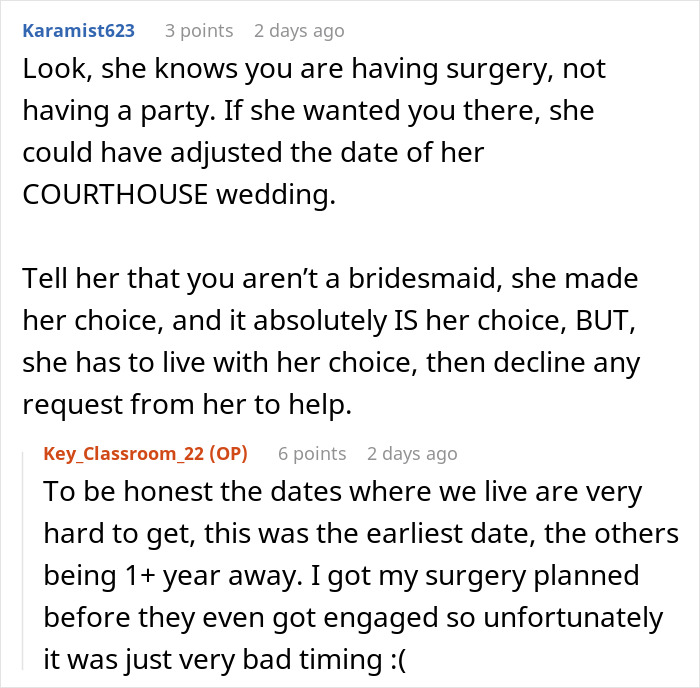 Text exchange discussing a bride wanting free labor from a friend not in the bridal party despite surgery timing conflicts. Text exchange discussing a bride wanting free labor from a friend not in the bridal party despite surgery timing conflicts.