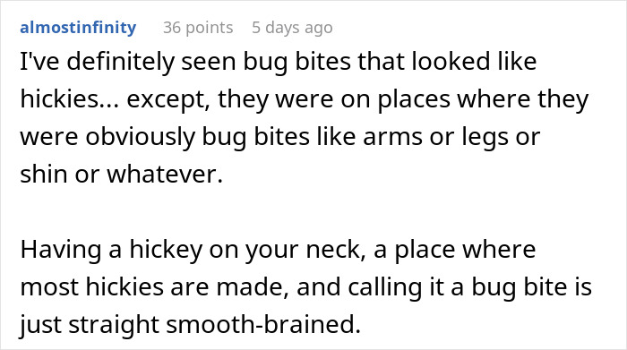 Reddit comment about hickey and bug bite confusion on wife after work retreat.