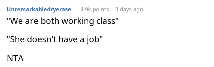 Reddit comment discussing working class and job status regarding canceled wedding over in-laws' behavior. Reddit comment discussing working class and job status regarding canceled wedding over in-laws' behavior.