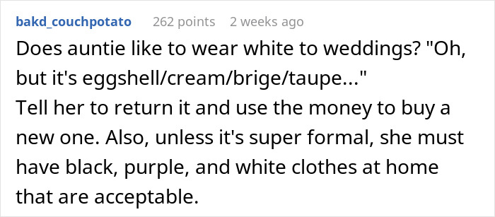 Text post discussing etiquette for wearing white at weddings and clothing color suggestions.