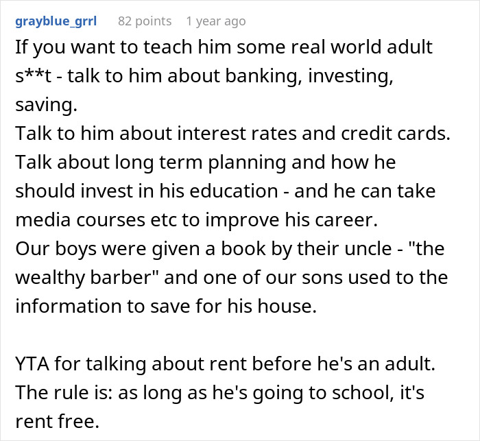 Discussion on teaching financial responsibility to a son, addressing rent at 17 and focusing on education.