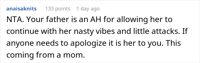 Comment discussing step-mom's behavior, suggesting apology; reflects step-mom lesson and reality check theme.