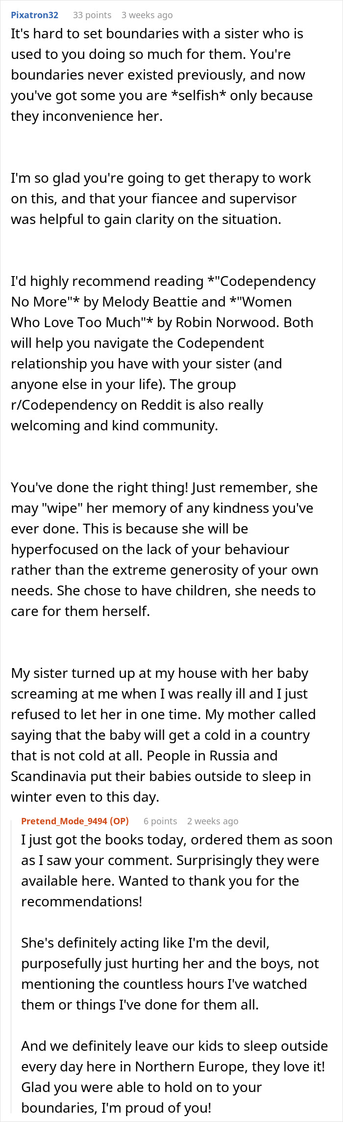 Reddit conversation about a woman setting boundaries against being an unpaid babysitter for her sister.
