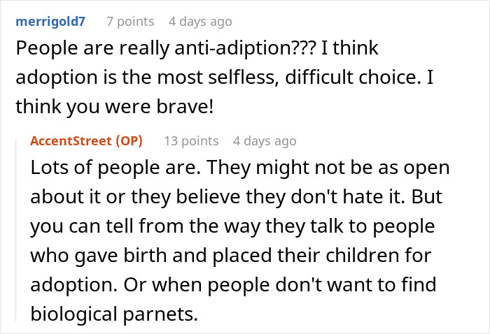 Reddit discussion on adoption choices, highlighting differing views on placing children for adoption.