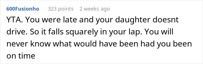 Text comment criticizing a mother for being late to her daughter's birthday party.