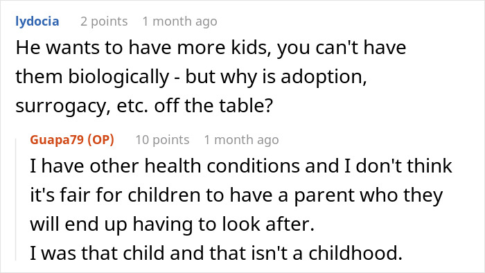 Reddit conversation about wanting kids, discussing adoption and health conditions affecting parenting decisions. Reddit conversation about wanting kids, discussing adoption and health conditions affecting parenting decisions.