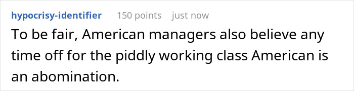 Comment discussing American managers' views on employee time off.
